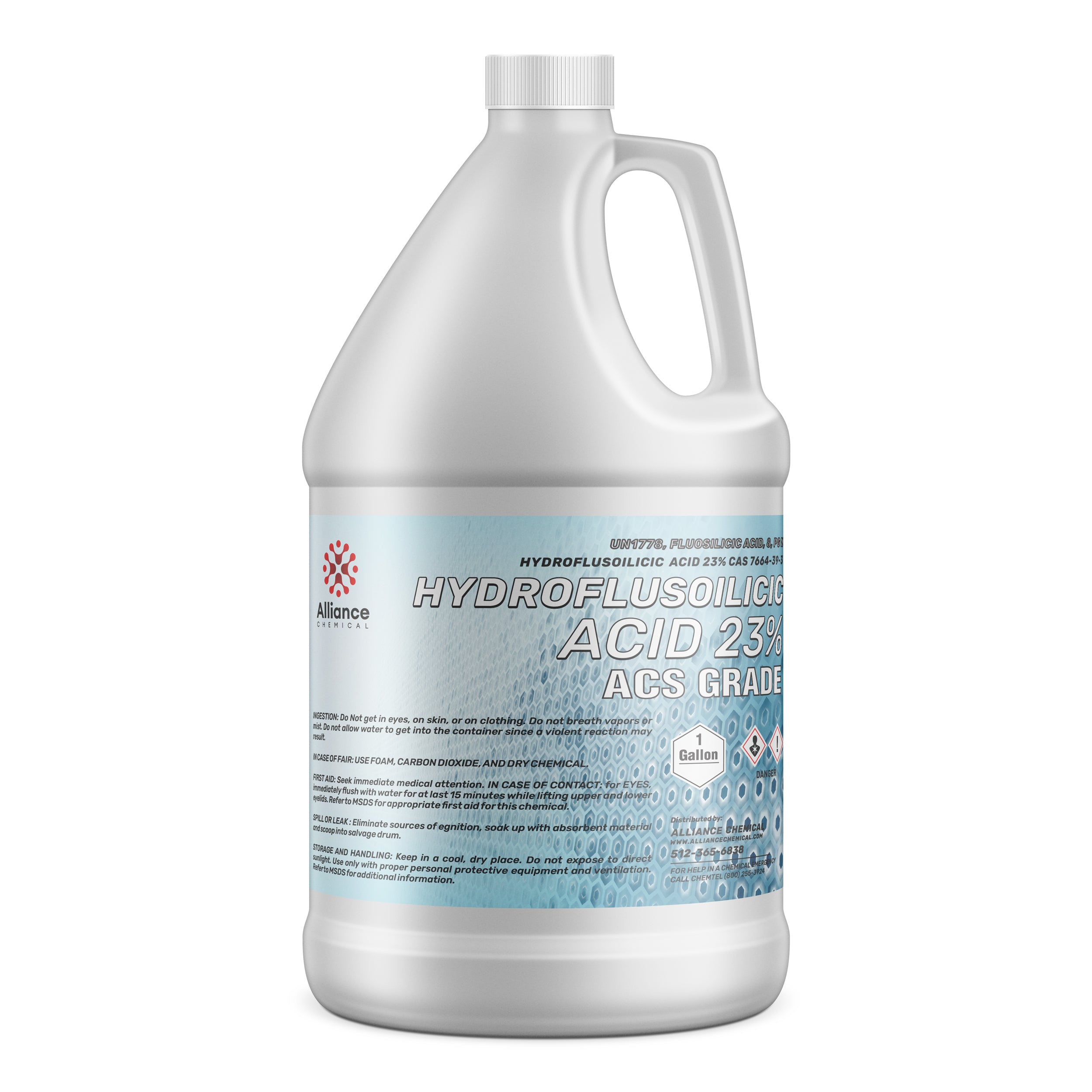 One-gallon white HDPE jug of Hydrofluosilicic Acid 23% ACS Grade by Alliance Chemical, featuring hazard warning symbols and safety instructions on blue label.